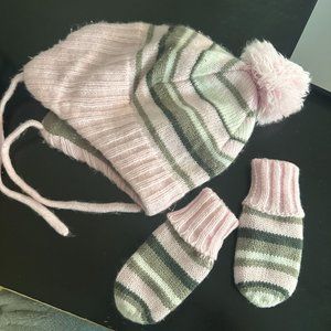H&M Pink Striped Baby Hat and Mitten Set Sz 4-6mons